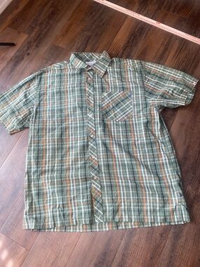 Phat Farm Men's Green Plaid Short-Sleeve Button-Down Shirt with Orange Accents